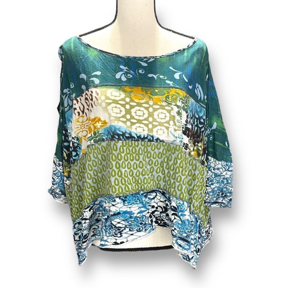 Bila Women's Mixed Print Loose Fit Cropped‎ Blouse Top Green XL